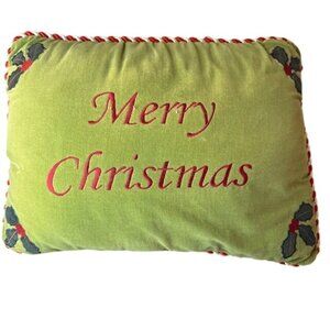 Merry Christmas Decorative Green Throw Pillow W/ Red Embroidery & Holly Design